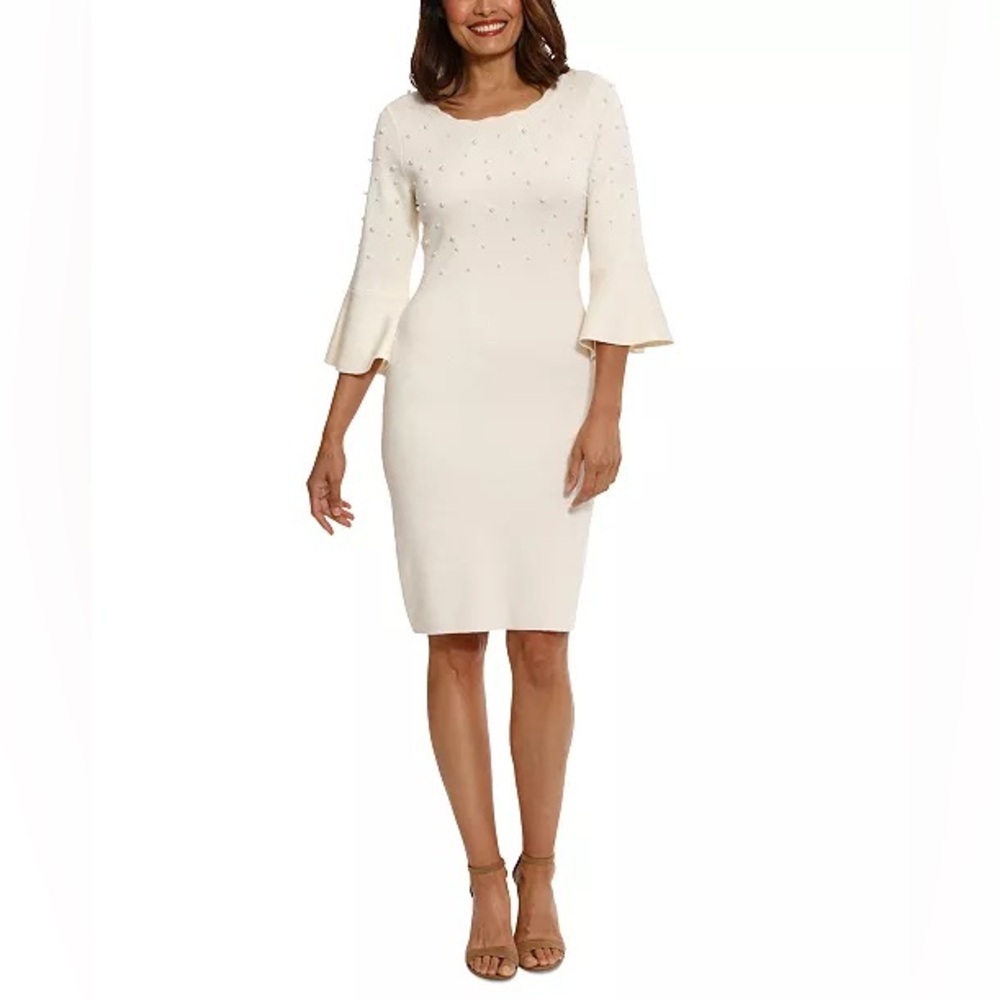 London Times Cream Pearl-Accent Valoria  Midi Sheath Dress, XL